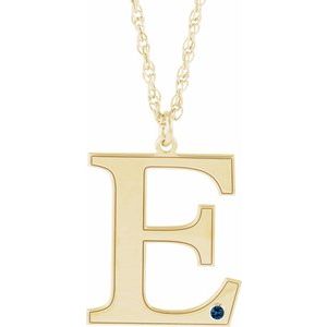 14K Yellow Gold Engravable Imitation Blue Sapphire Initial E 18" Necklace