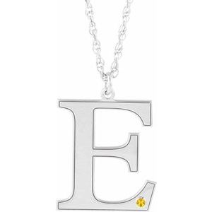 Rhodium-Plated Sterling Silver Engravable Imitation Citrine Initial E 18" Necklace