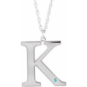 Engravable Imitation Blue Zircon Initial K 18" Necklace