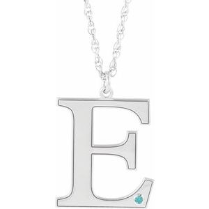 10K White Gold Engravable Imitation Blue Zircon Initial E 18" Necklace
