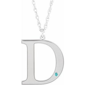 10K White Gold Engravable Imitation Blue Zircon Initial D 18" Necklace