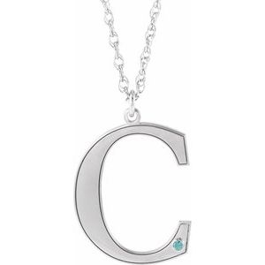 10K White Gold Engravable Imitation Blue Zircon Initial C 18" Necklace