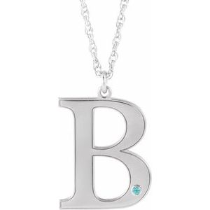 10K White Gold Engravable Imitation Blue Zircon Initial B 18" Necklace