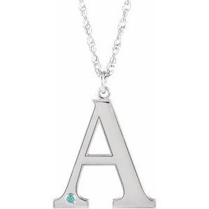 10K White Gold Engravable Imitation Blue Zircon Initial A 18" Necklace