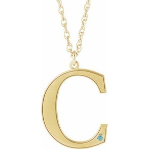 10K Yellow Gold Engravable Imitation Blue Zircon Initial C 18" Necklace