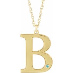 10K Yellow Gold Engravable Imitation Blue Zircon Initial B 18" Necklace