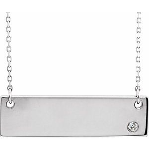 14K White Gold .03 CT Natural Diamond Engravable Bar 17" Necklace