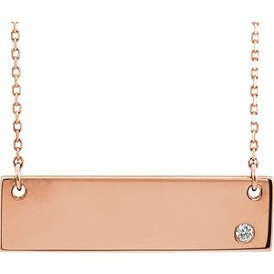 14K Rose Gold .03 CT Natural Diamond Engravable Bar 17" Necklace