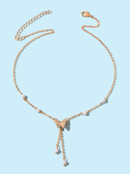 Personalized Gold Plated Dainty Buttefly Lariat Y-Shaped Necklace Pearl Jewelry