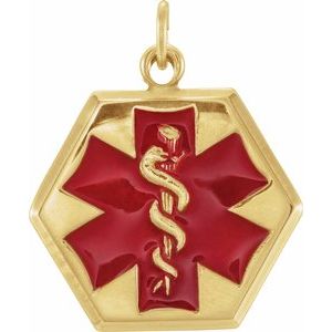 14K Yellow Gold Engravable Red Enamel Medical Identification Pendant