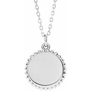 14K White Gold Engravable Beaded Disc 16-18" Necklace