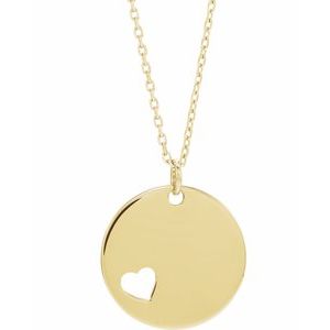14K Yellow Gold Engravable Pierced Heart Disc 16-18" Necklace