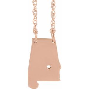 14K Rose Gold Alabama State with Heart-Pierced City 18" Necklace