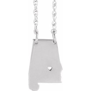 14K White Gold Alabama State with Heart-Pierced City 18" Necklace