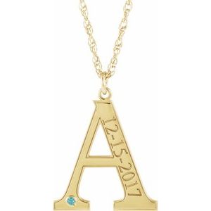 14K Yellow Gold Engravable Imitation Blue Zircon Initial A 18" Necklace