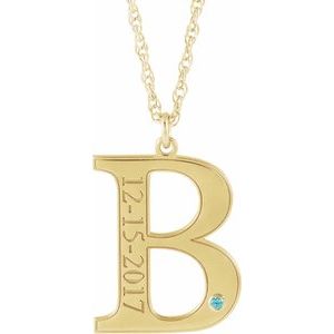14K Yellow Gold Engravable Imitation Blue Zircon Initial B 18" Necklace