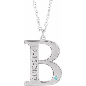 14K White Gold Engravable Imitation Blue Zircon Initial B 18" Necklace