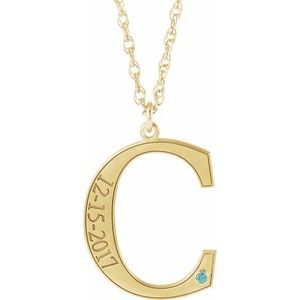 14K Yellow Gold Engravable Imitation Blue Zircon Initial C 18" Necklace