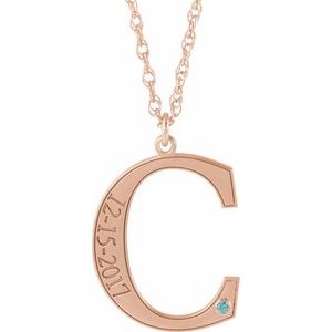 14K Rose Gold Engravable Imitation Blue Zircon Initial C 18" Necklace