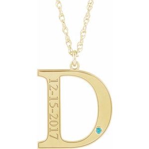 14K Yellow Gold Engravable Imitation Blue Zircon Initial D 18" Necklace