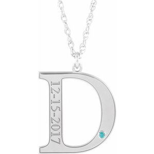 Rhodium-Plated Sterling Silver Engravable Imitation Blue Zircon Initial D 18" Necklace