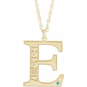 14K Yellow Gold-Plated Sterling Silver Engravable Imitation Blue Zircon Initial E 18" Necklace