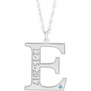 14K White Gold Engravable Imitation Blue Zircon Initial E 18" Necklace