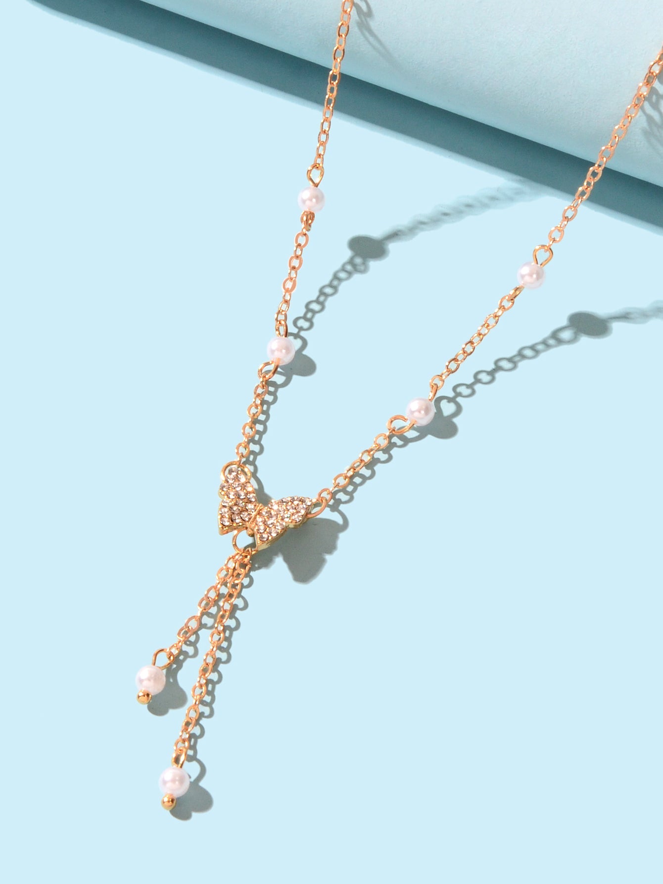Personalized Gold Plated Dainty Buttefly Lariat Y-Shaped Necklace Pearl Jewelry