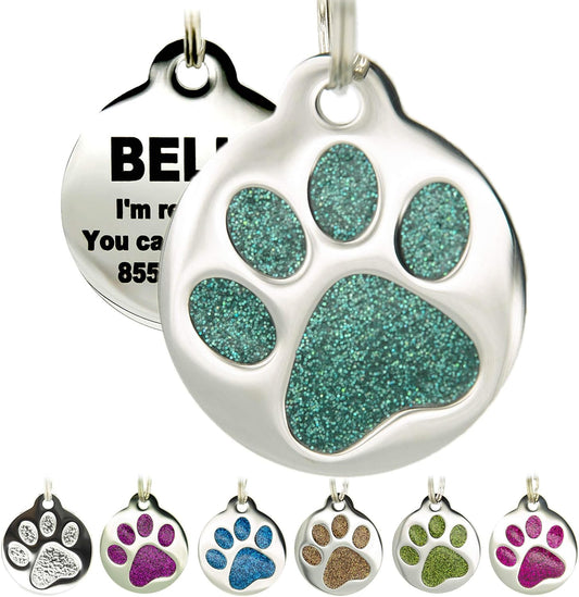 Personalized Engraved Pet Tag for Dogs & Cats - Customizable with 4 Lines of ID, Round Paw Print Design in 6 Colors: Ocean Blue, Aquamarine, Deep Pink, Magenta, Pale Green, Amber, Stainless Steel with Enameled Finish