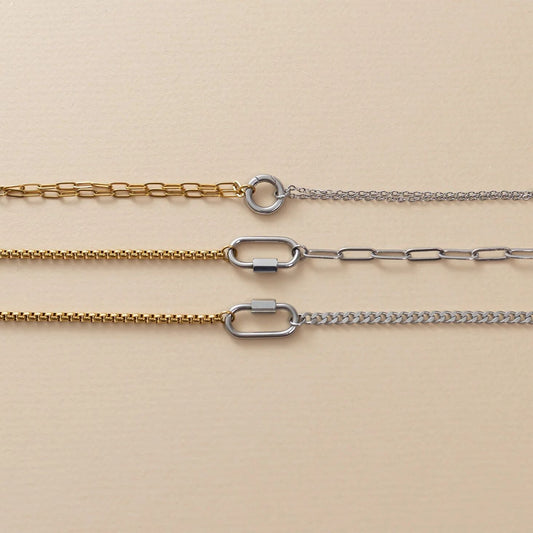 Mixed Metal Split Chain Paperclip Carabiner Bracelet / BRJ1103