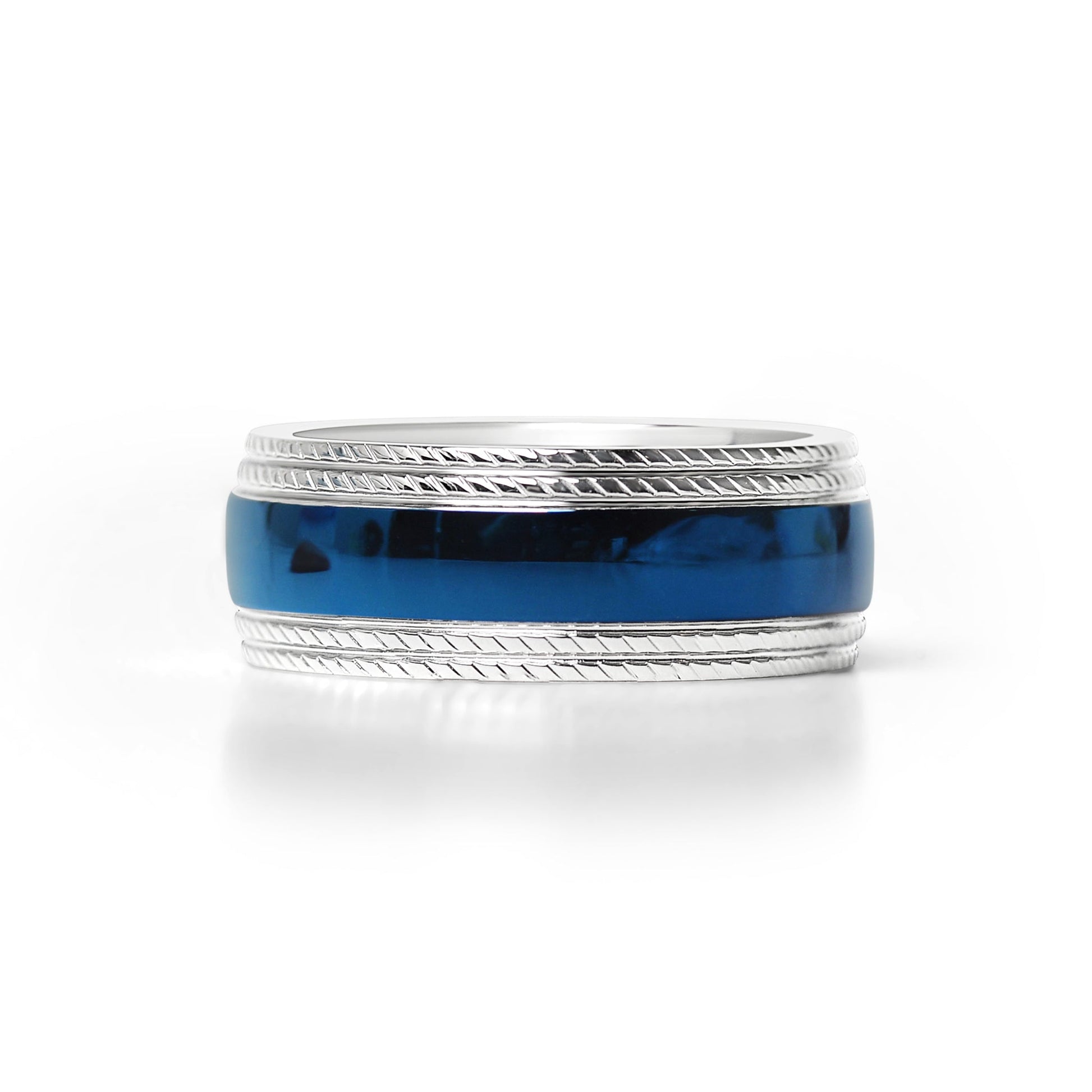 Stainless Steel Blue Center With Lined Patterned Edge Ring / CFR7003