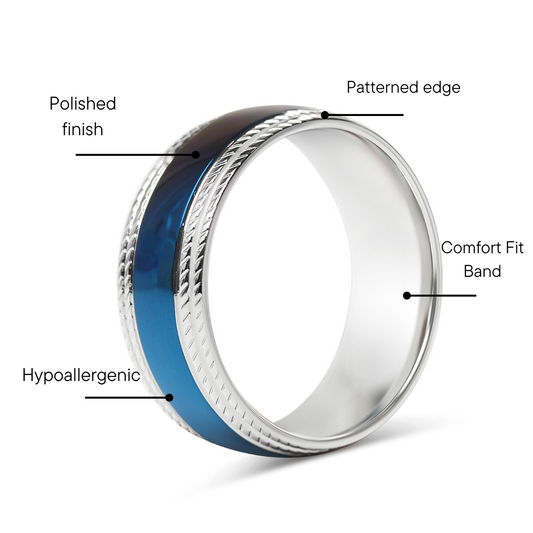Stainless Steel Blue Center With Lined Patterned Edge Ring / CFR7003
