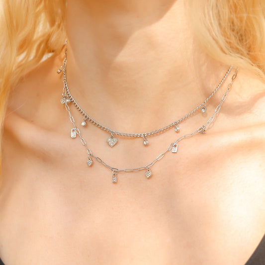 Stainless Steel 2 Row Heart & Lock Charm Necklace / CHN0069