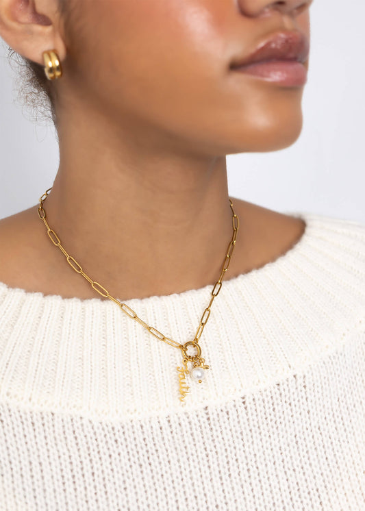 18K Gold PVD Stainless Steel Faith Charm Holder Necklace Gift Set / CHN0140