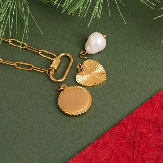 18K Gold PVD Stainless Steel Pearl Sunburst Charm Holder Necklace Gift Set / CHN0143