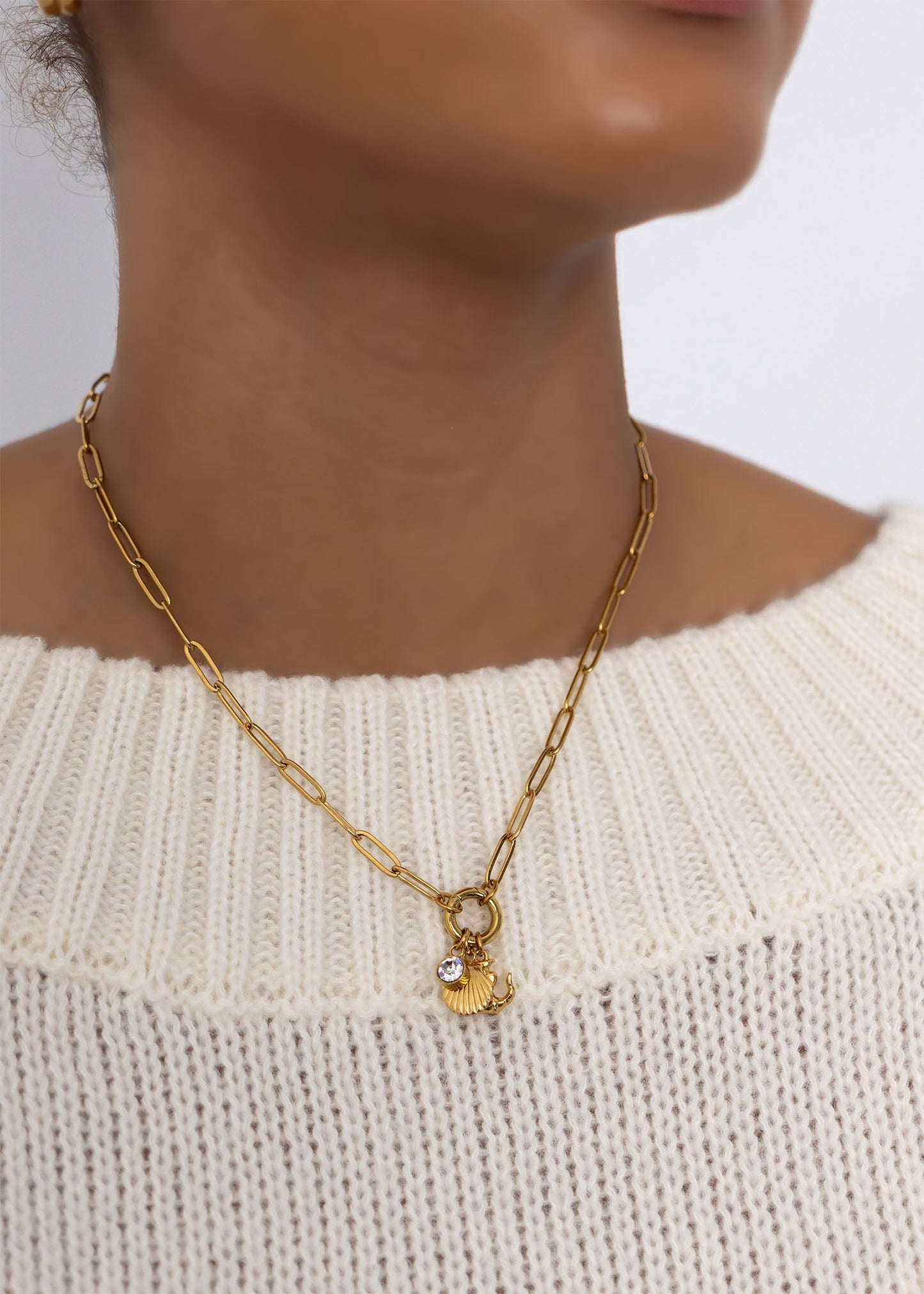 18K Gold PVD Stainless Steel Shell Anchor Charm Holder Necklace Gift Set / CHN0144