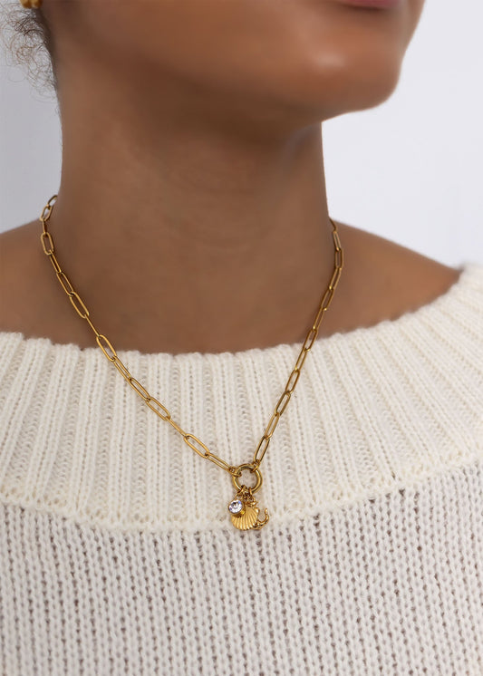 18K Gold PVD Stainless Steel Shell Anchor Charm Holder Necklace Gift Set / CHN0144