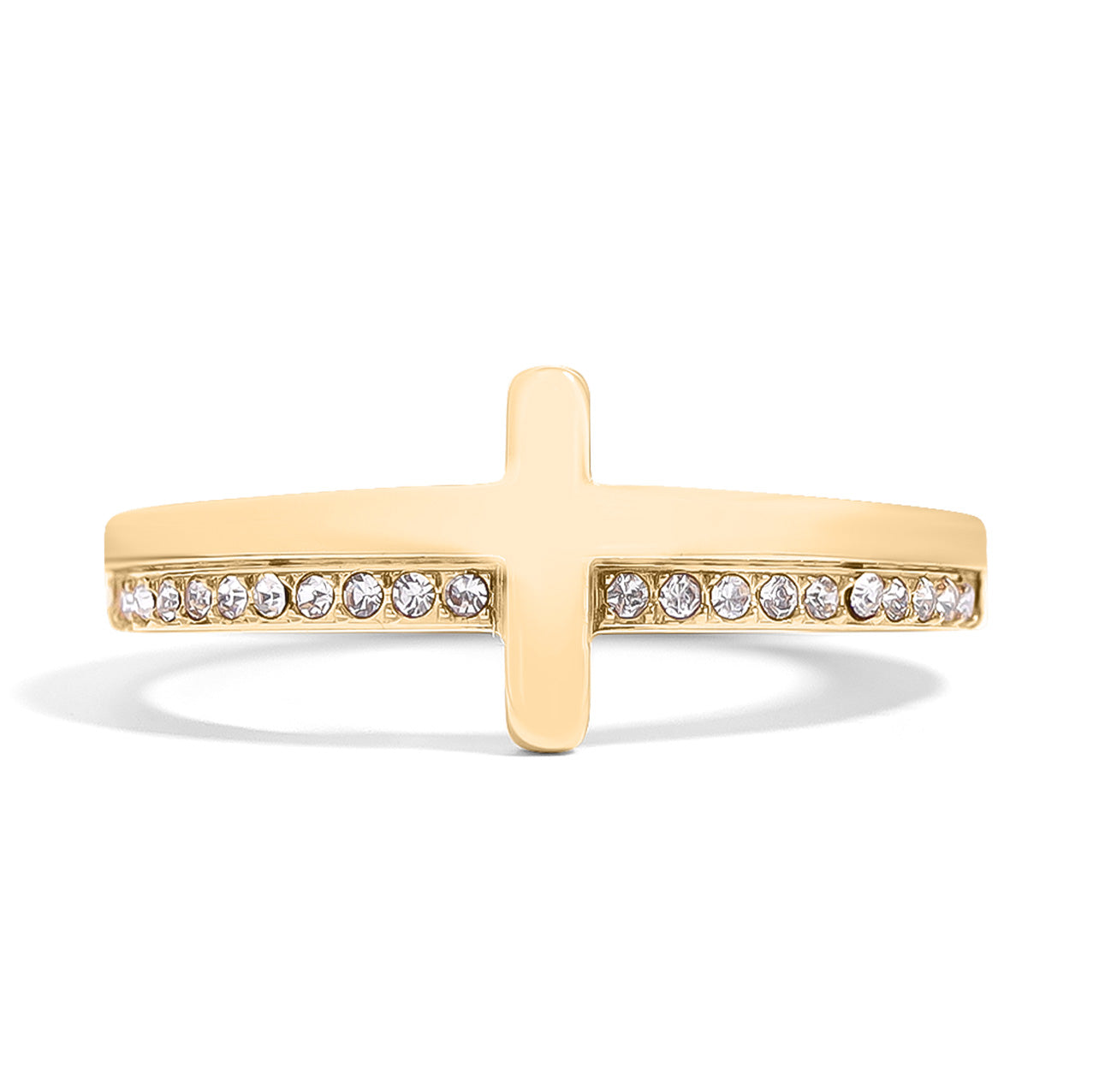 18K Gold PVD Stainless Steel Cross CZ Stone Engraved Stacking Ring / CSR0012