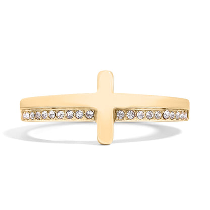 18K Gold PVD Stainless Steel Cross CZ Stone Engraved Stacking Ring / CSR0012