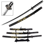 Dragon Motif Royalty Samurai Katana Sword Set with Stand Black