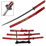 Dragon Motif Royalty Samurai Katana Sword Set with Stand Red