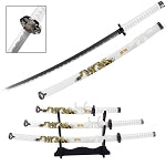 Dragon Motif Royalty Samurai Katana Sword Set with Stand White