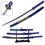 Vibrant Flower Japanese Samurai Katana Sword Set with Stand Blue