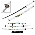 Tang Dao Dragon Samurai Katana Sword Set with Stand White