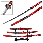 Ronin Japanese Samurai Katana Sword Set with Stand Red