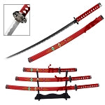Hannya Demon Japanese Samurai Katana Sword Set with Stand Red