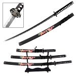 Floral Japanese Samurai Katana Sword Set with Stand Black