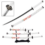 Floral Japanese Samurai Katana Sword Set with Stand White