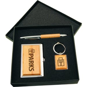 Customizable Silver/Wood Finish Gift Set with Business Card Case, Pen & Keychain