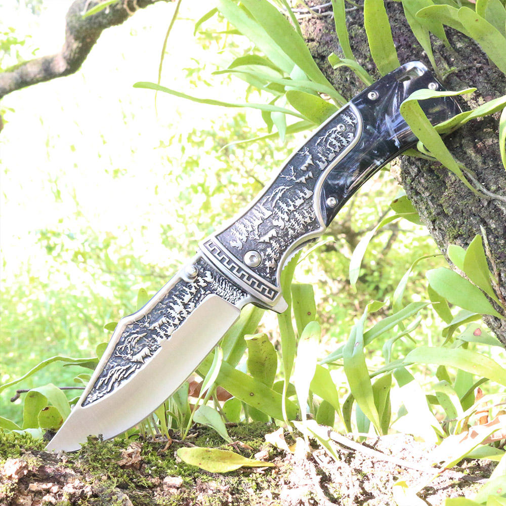 Willia DIY Self-Defense Folding Bowie Pocket Knife Floral Carved Wood Handle 3cr13 Steel Blade Clip Point 0.35mm Thickness OEM